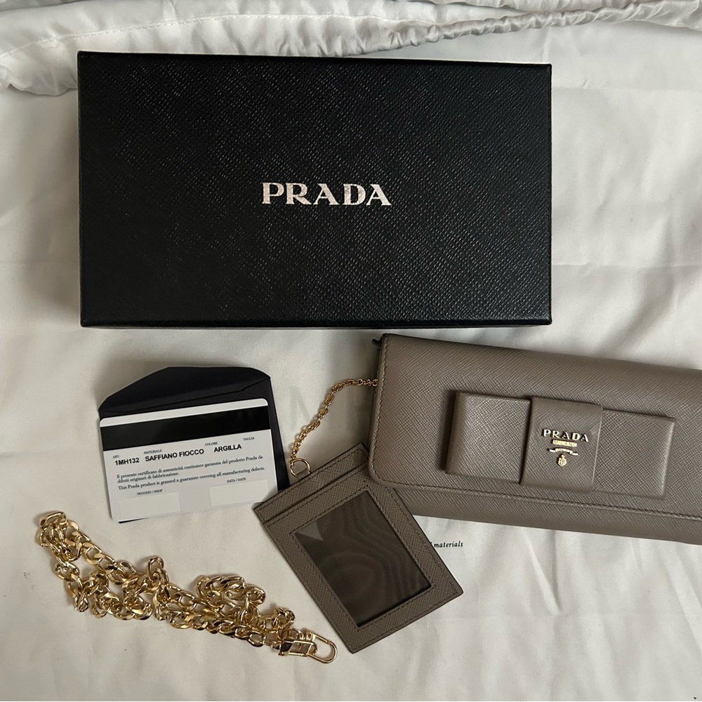 Prada Saffiano Fiocco Argilla Wallet, ID Card Holder, Box, COA, and Gold Chain